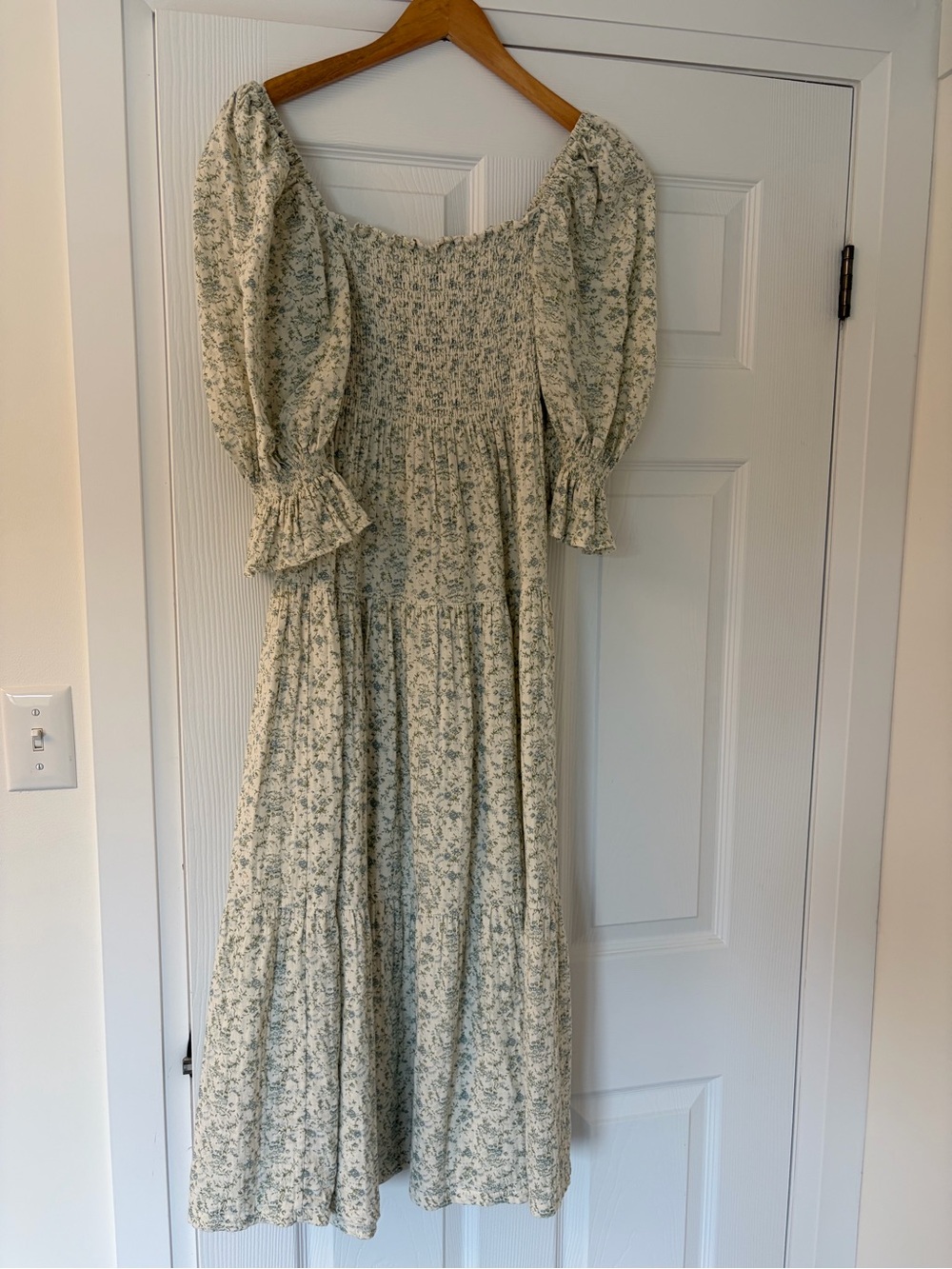 Smocked Midi Dress with Puff Sleeves in Cream and Green Floral